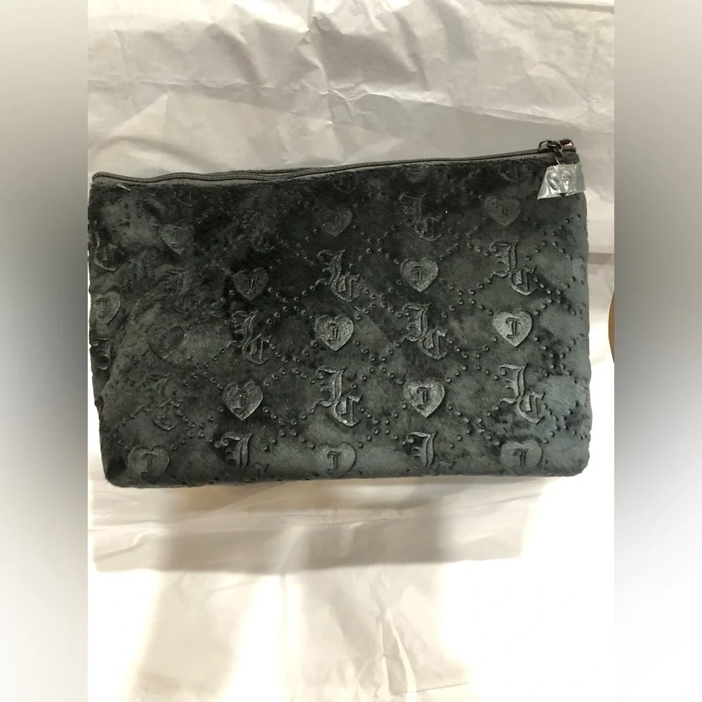 Juicy Couture black oversized monogrammed velour XL cosmetics bag & zipper charm